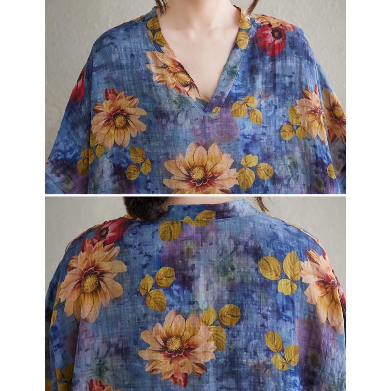 DIMANAF 2025 Summer Plus Size New Dress Beach Basic Loose Women Casual Flower Printing V-Neck Long Vintage Dress Maxi