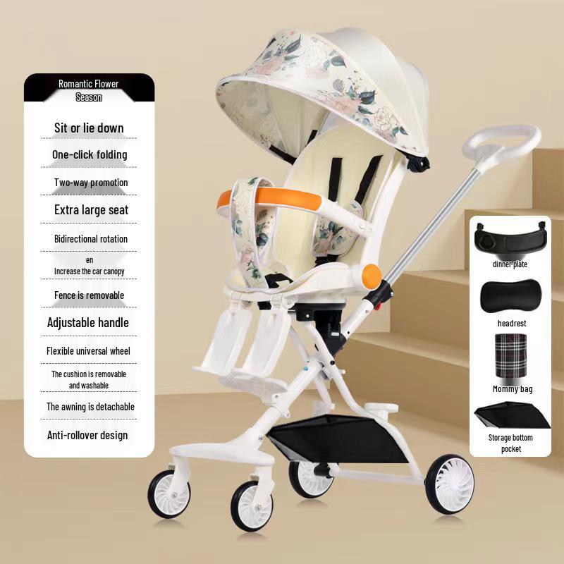 Cărucior pliabil bidirecțional cu șasiu înalt pentru bebeluș, cu patru roți