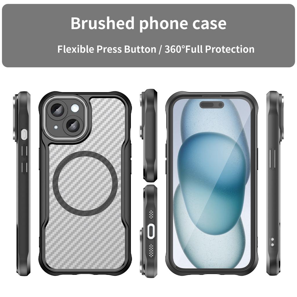 For iPhone 15 Case Compatible with MagSafe Carbon Fiber Texture TPU+PC Phone Cover
