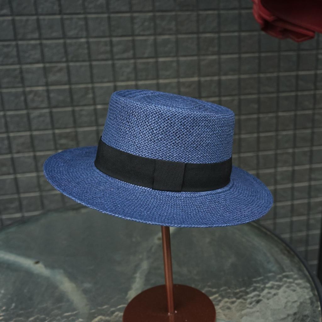 Navy Blue Flat Top Straw Hat Women'S Summer Seaside Sunshade Sun Protection Leisure Beach Vacation Woven Hat Elegant
