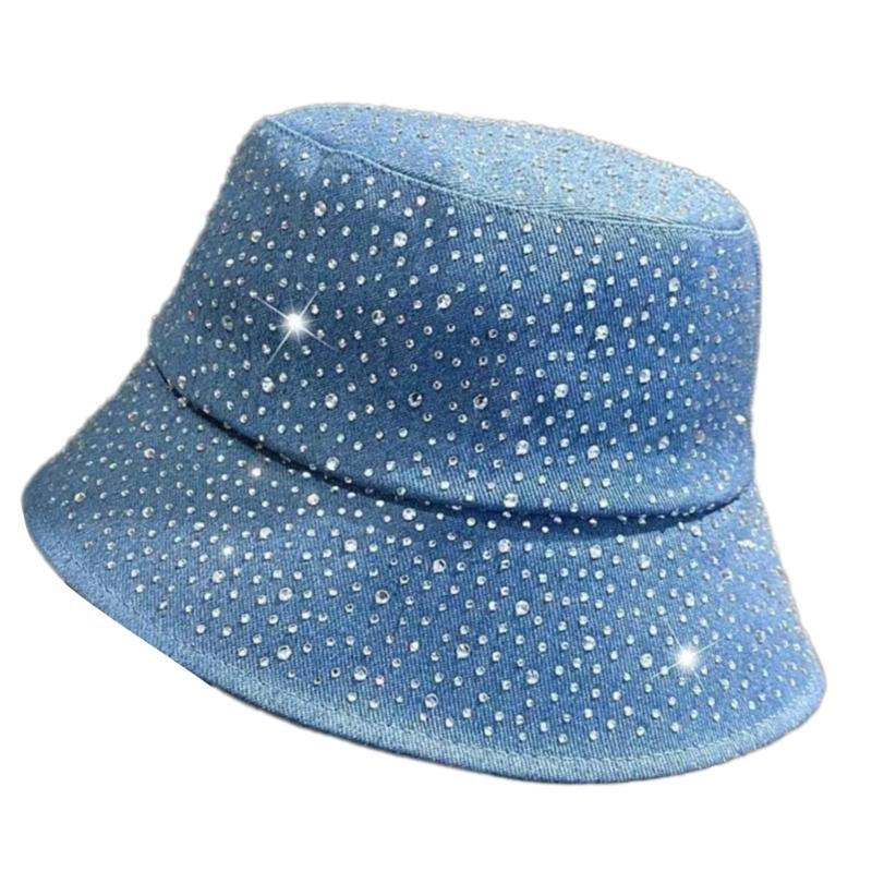 Rhinestones Decor Fisherman Hat Sun Foldable Bucket Hat for Vacation