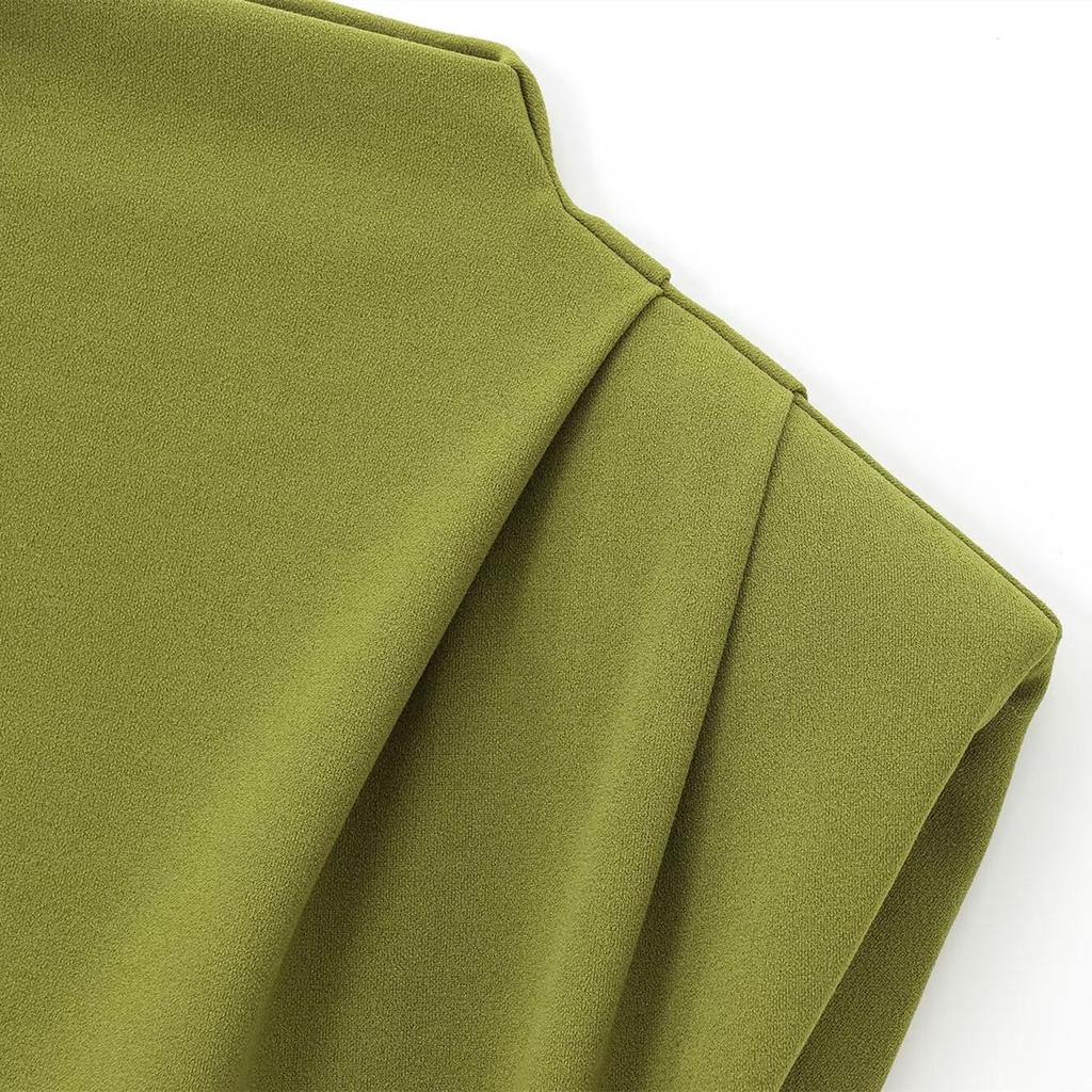 2025 Spring Women's Slim Stand-Up Collar Dress with Padded Shoulders and Waist-Cinching Design