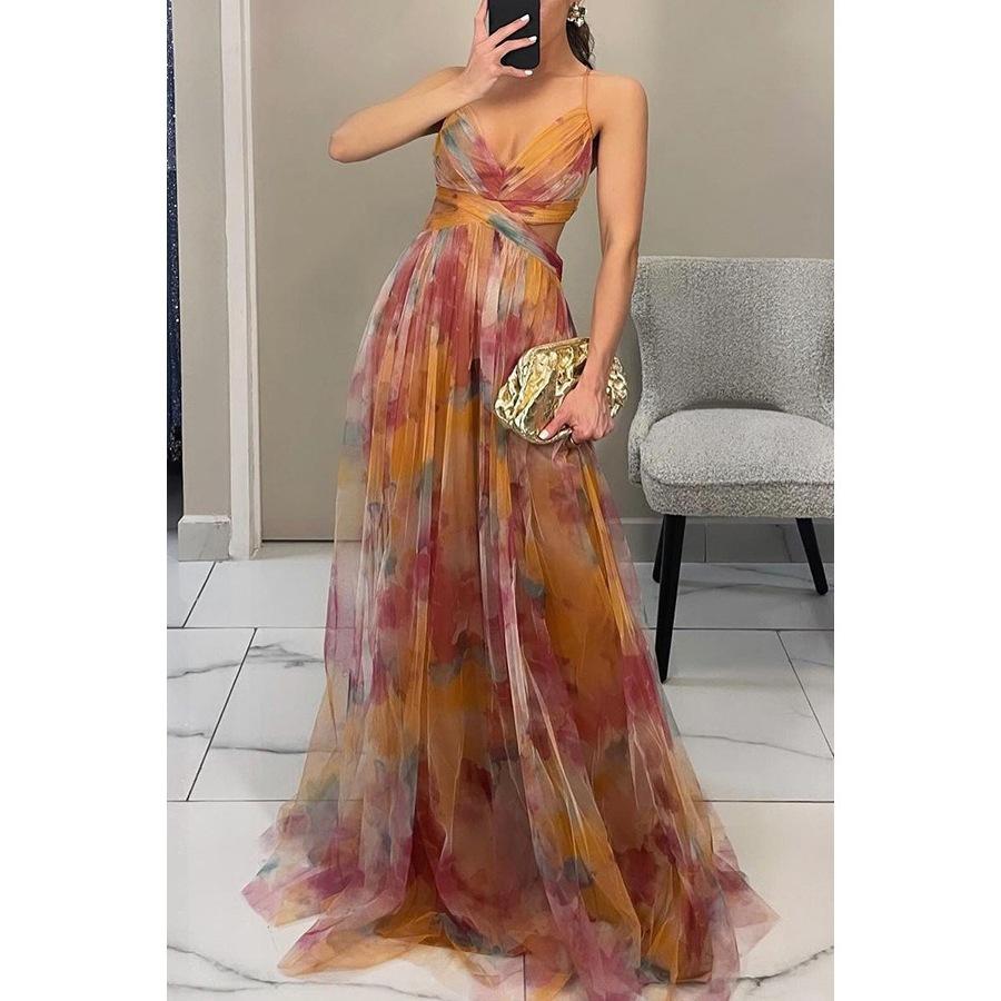 Popular Dress Mesh Printed Suspender Dress INS Vacation Party Dress Summer