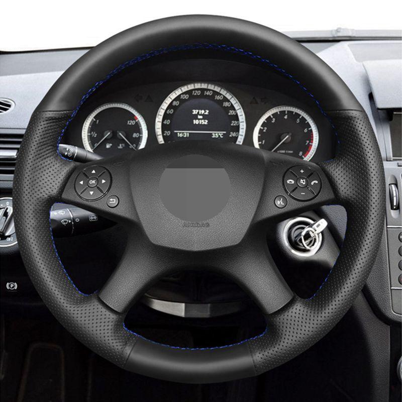 Car Steering Wheel Cover For Mercedes Benz C-Class W204 2007 - 2011interior parts Hand-stitched Black PU Artificial Leather