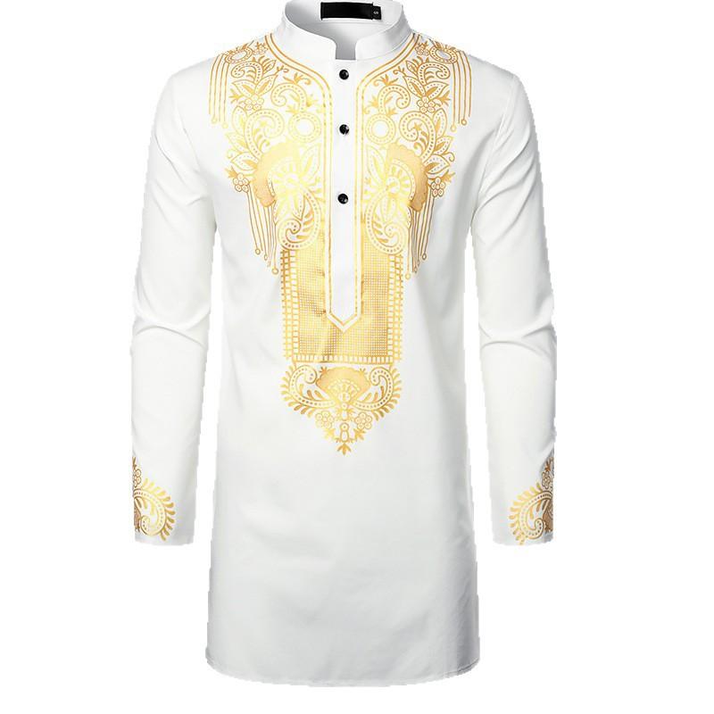 New Men's Casual Printed Shirt Gold Stamping Long Stand-up Collar Pullover Comfortable Shirt