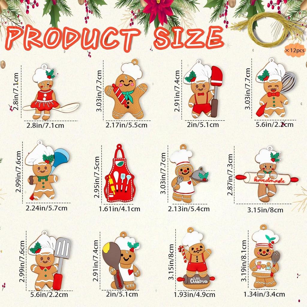 12pcs Gingerbread Man Ornaments for Christmas Tree, Assorted Plastic Gingerbread Figurines Ornaments, Christmas Tree Hanging Decorations, 3 Inch Tall