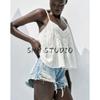 Summer New Product Women's Clothes Straight Collar Vertical Lace Decoration Embroidered Strap Vest Comfortable Top 0881006