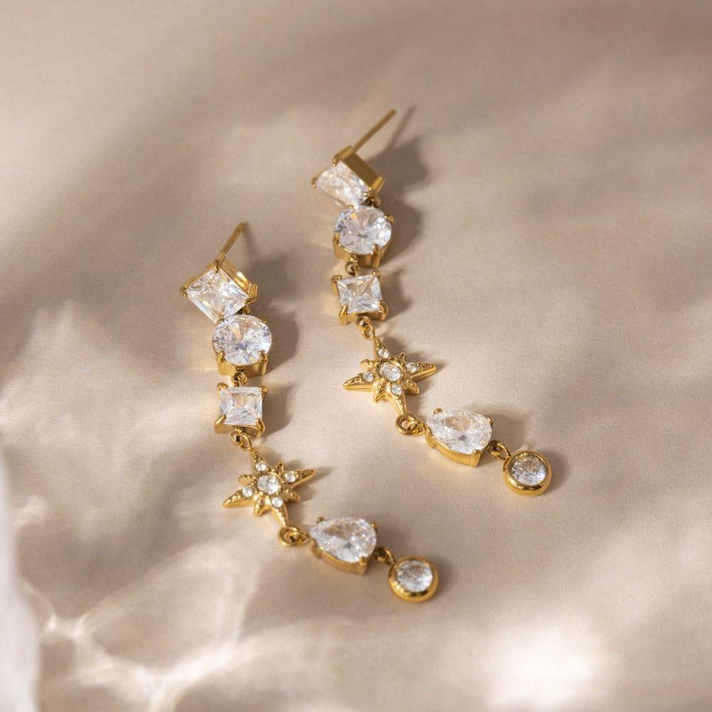 18K Gold Plated Women Dangle Earrings Geometric Fashion Accessory Tassel Earrings Stainless Steel Crystal Zircon Earrings