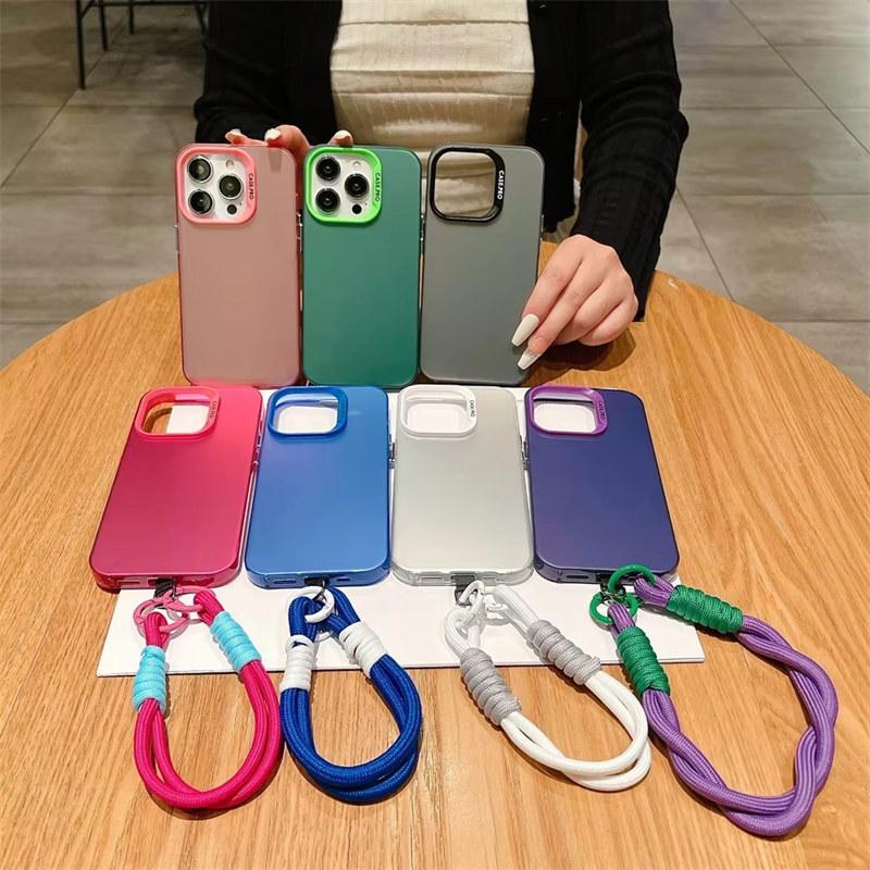 Fashion Lanyard Bracelet Silicone Metallic Aurora Matte New Case For iPhone 16 15 14 13 12 11 Pro Max X XS XR Soft Shockproof Cover