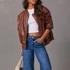 Women's Vintage Faux Leather Bomber Jacket Drop Shoulder Loose Fit Casual Street Coat
