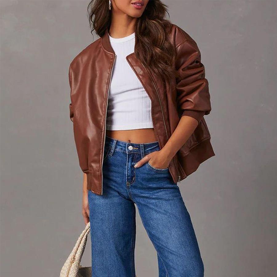 Women's Vintage Faux Leather Bomber Jacket Drop Shoulder Loose Fit Casual Street Coat