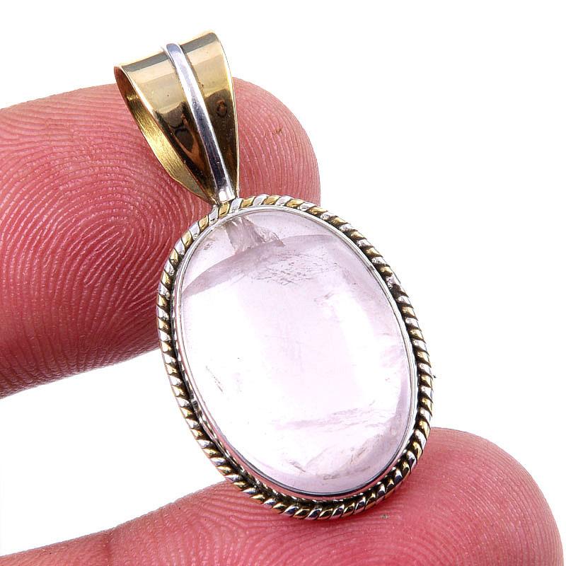 

Natural Rose Quartz 925 Solid Sterling Silver Jewelry TwoTone Pendant 1.25 M6A70