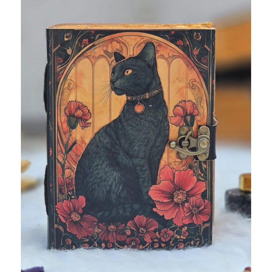 Mystic Black Cat Book | Handmade Vintage Leather Notebook | Witchy Grimoire | Gothic Writing Book with Lock | Blank Spell Book of Shadows