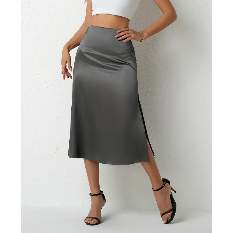 Women's Satin Half Skirt Summer Vent Professional A-line Skirt High Waisted Skirts
