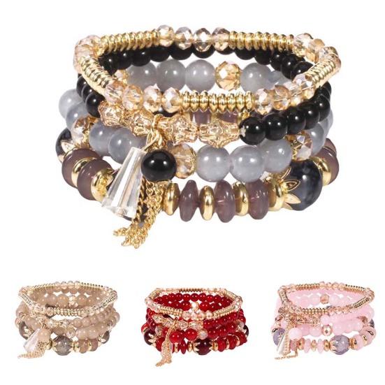 4Pcs/Set Boho Faux Agate Pearl Tassel Chain Charm Beaded Bracelet Women Jewelry
