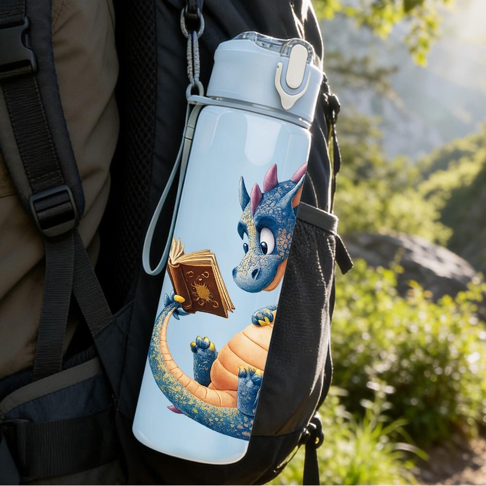1PC Fantasy Blue Dragon Pattern 750ml Color Plastic Sports Water Bottle Leakproof Flip Straw Lid Suitable for Sports Office Home Use