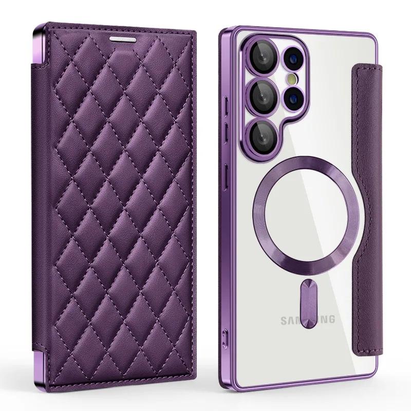Luxury PU Leather Electroplate Magnetic Card Holder Phone Case for S22 S24 Ultra S25 Plus FE Transparent Shockproof Back