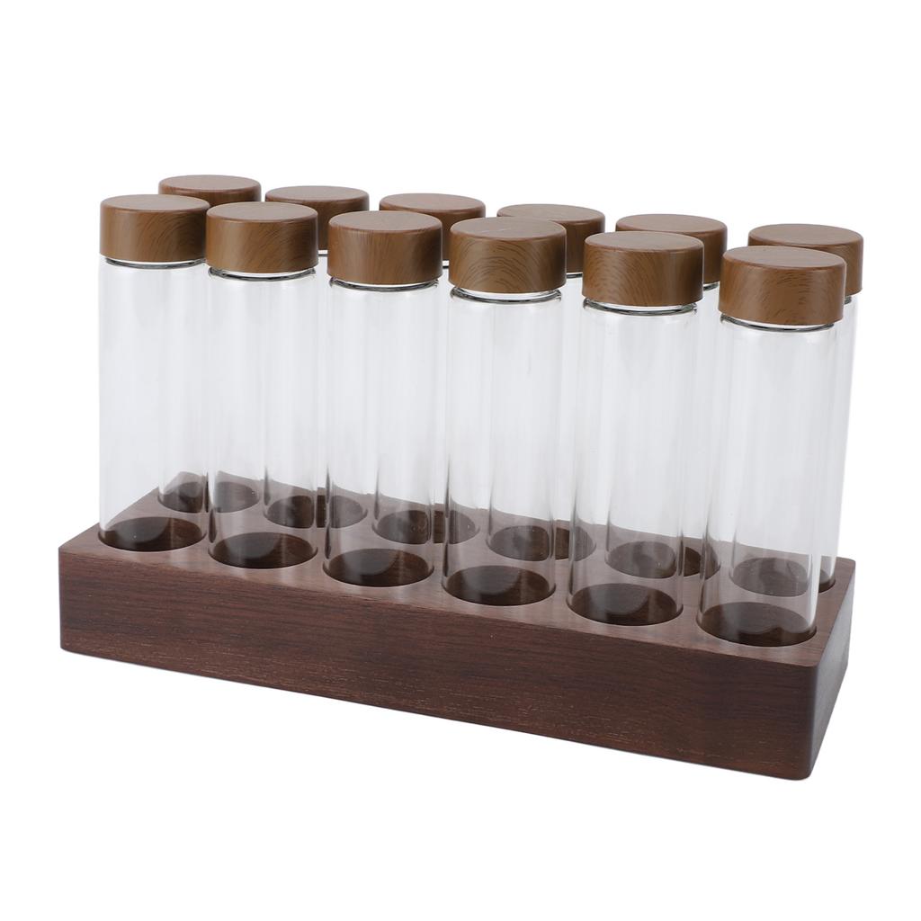12pcs Coffee Bean Storage Tubes Glass Sealed Dosing Coffee Bean Jars with Walnut Stand Funnel for