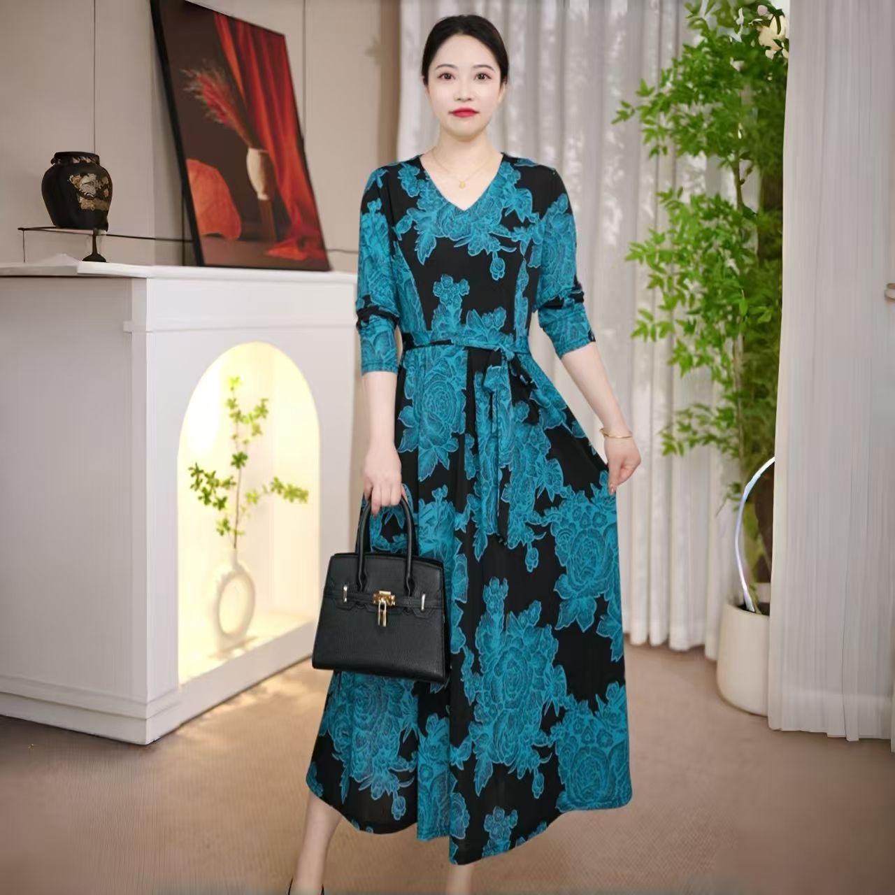 Floral French-Style Midi Dress with Tie-Up for Plus Size Women 3XL (recommended 60-65 kg)