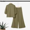 ZANZEA Damen 3/4-Ärmel Bluse und Hose mit weitem Bein Lässige zweiteilige Anzugsets