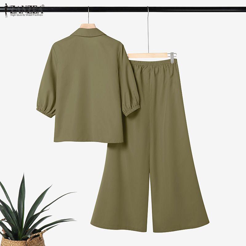 ZANZEA Damen 3/4-Ärmel Bluse und Hose mit weitem Bein Lässige zweiteilige Anzugsets