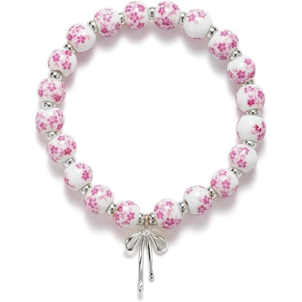 Chinese Style Blue and White Porcelain Bracelet Elastic Vintage Beaded Bow Bracelet Versatile Pretty Ceramic Bracelet for Women