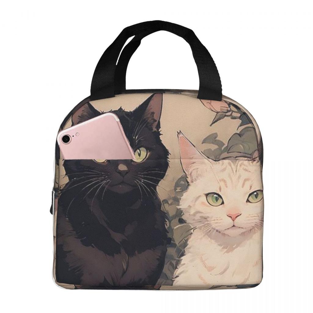 Cartoon Black White Cat Print Insulated Lunch Bag for Women Kids Leakproof Food Boxes Thermal Lunch Box Tote
