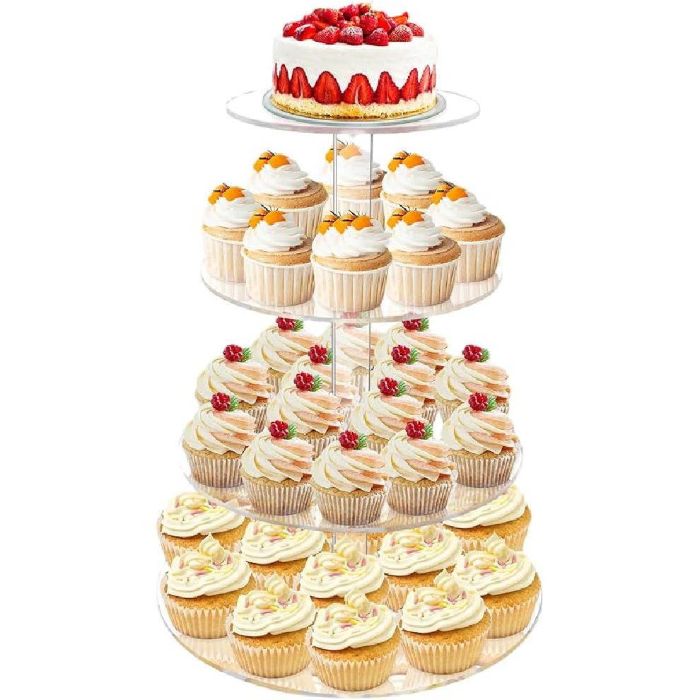 Cupcake Stand, 4 Tier Cupcake Stand for 50 Cupcakes, Round Tiered Cupcake Tower, Clear Acrylic Cupcake Holder, Dessert Stands for Party, Wedding, 4 Tier-Round
