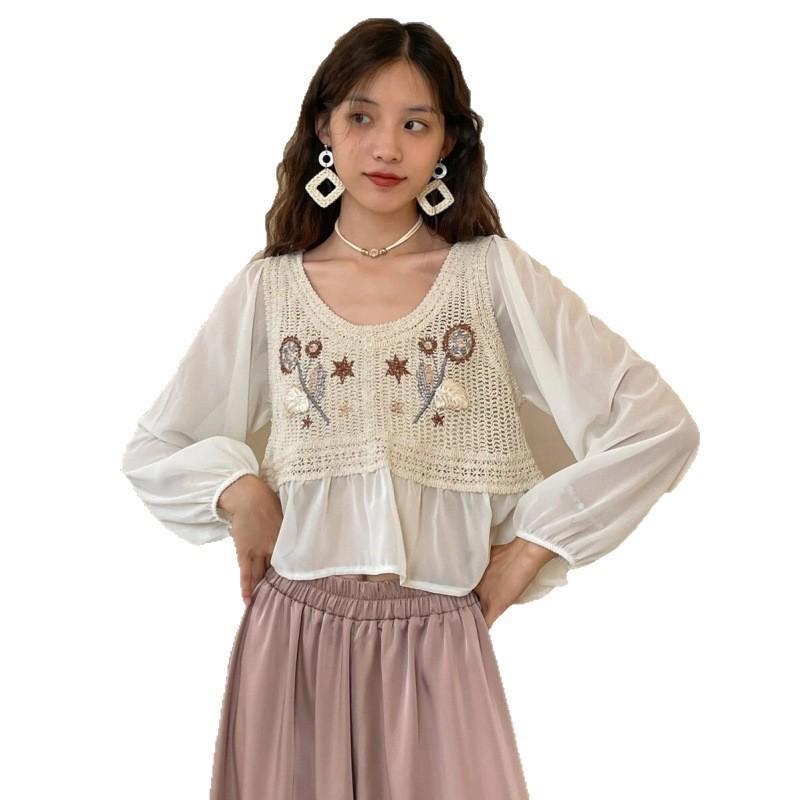Womens Loose Fit Crochet Lace Knit Top With Puff Sleeves Round Neck Mesh Fabric Office Chic Style