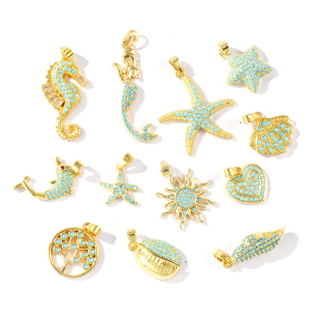 2 Pcs Blue Cubic Zirconia Ocean Charms Starfish Mermaid Conch Sun Shaped Melon Brass 18K Gold Plated Pendants For DIY Necklace