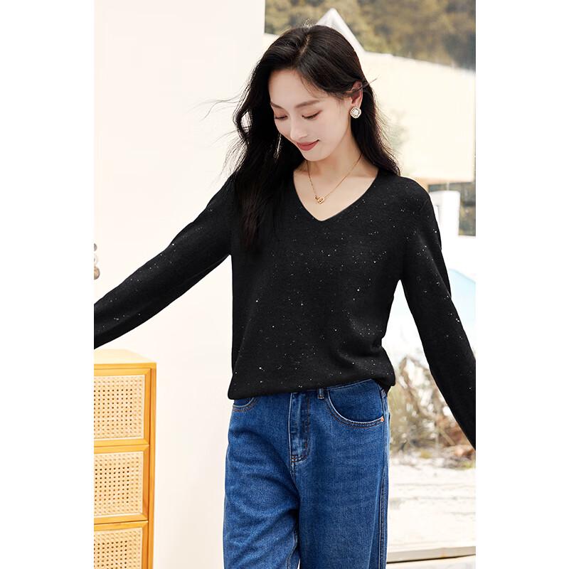 VICTORIA&VERA Women's 100% Wool Shimmer V-Neck Knit Sweater