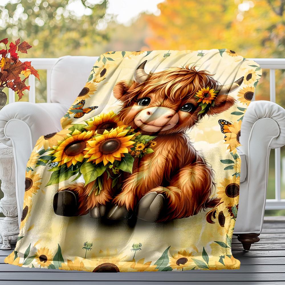 1PC cowflowerOutdoor Flannel Blanket - Soft Plush Decor for Picnics, Camping, Bedroom, All-Season Cozy Gift for Christmas, Lightweight 1368A