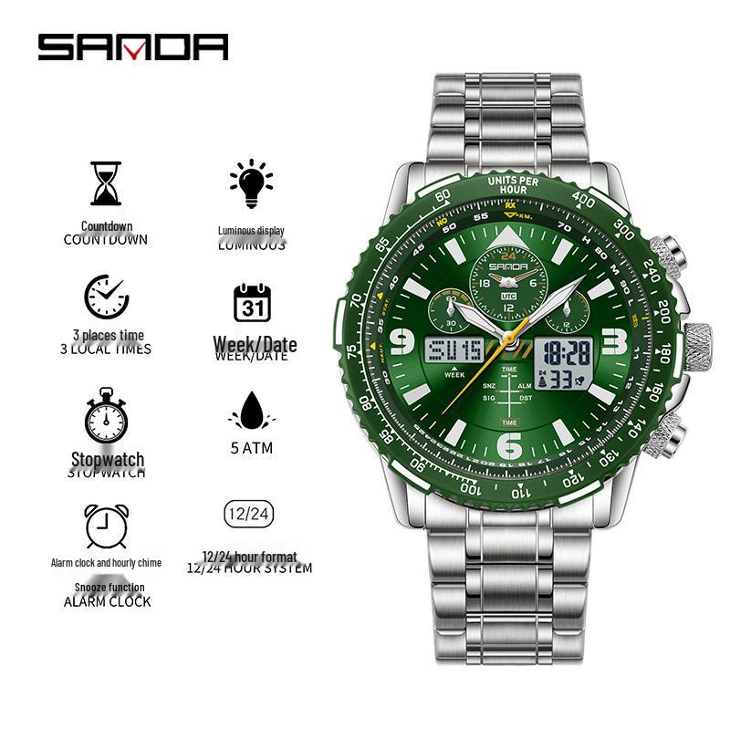 Orologio da polso da uomo Sanda a doppio movimento con display a tre finestre, multifunzioni, cinturino in pelle e acciaio e funzione impermeabile.