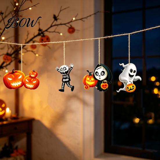 Creepy Hanging Decorations 6Pcs Halloween Wooden Decoration, Ghost Pumpkin Eyeball Holiday Decoration Ornament with Rope, Spooky Party