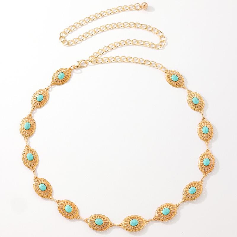 Bohemian Style Women's Turquoise Metal Waist Chain with Pearl Inlays