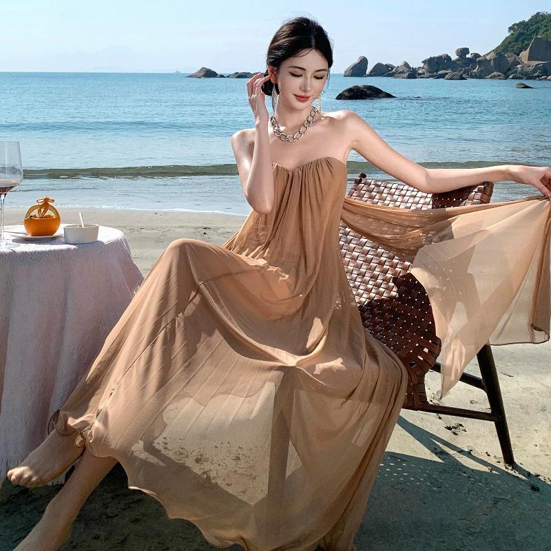 Tube-Top Netz-Streamer-Kleid Fee Sommer Senior Sexy Rückenfrei Meeresurlaub Strandkleid Langes Kleid