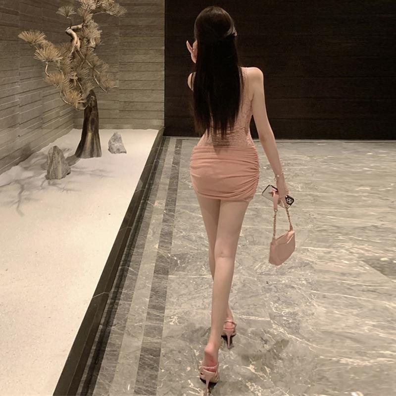 2025 Fashion New Women's Wear Spice Girl Slash Shoulder Lace Mesh Splicing Slim Dress