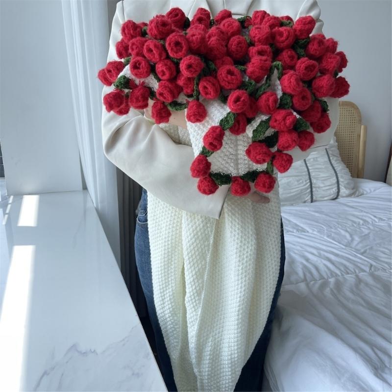 DIY Knitted Rose Flower Blanket Lovely Floral Throw Perfectly for Living Room Bedroom Decoration and Mother's Day Gift