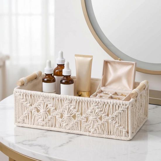 Storage Box with Wooden Handles Large Capacity Basket Woven Design Countertop Organizer for Cosmetics And Sundries