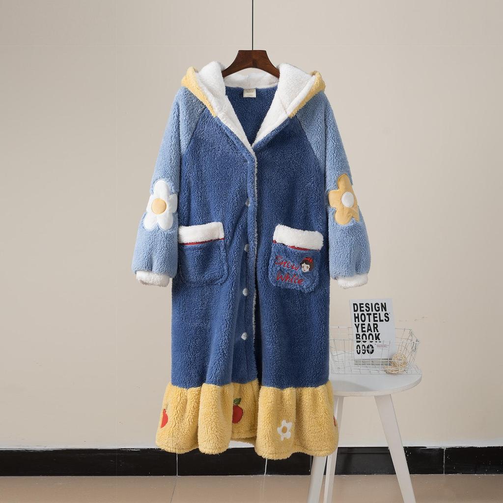 Women's Snow White Long Coral Fleece Pajama Set - Autumn/Winter Flannel Robe & Nightgown with Parent-Child Style
