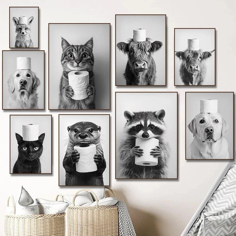 Highland Cow Otter Cat Raccoon with Toilet Paper Poster Print Canvas Painting Bathroom Wall Art Funny Toilet Humor Home Decor