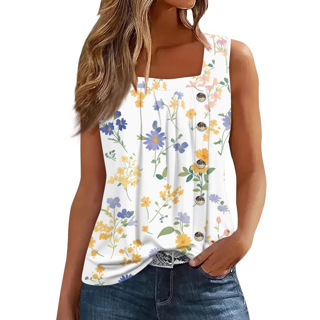 Women's Fashion Casual Basic Pleated Plain Button Square Collar Sleeveless Vest Print Summer Tank Tops