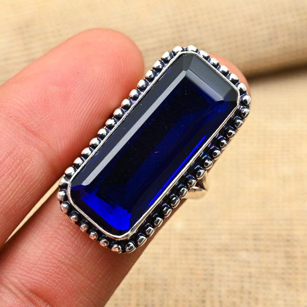 Blue Sapphire Lab-Created Gemstone Handmade 925 Solid Sterling Silver Ring Pendant