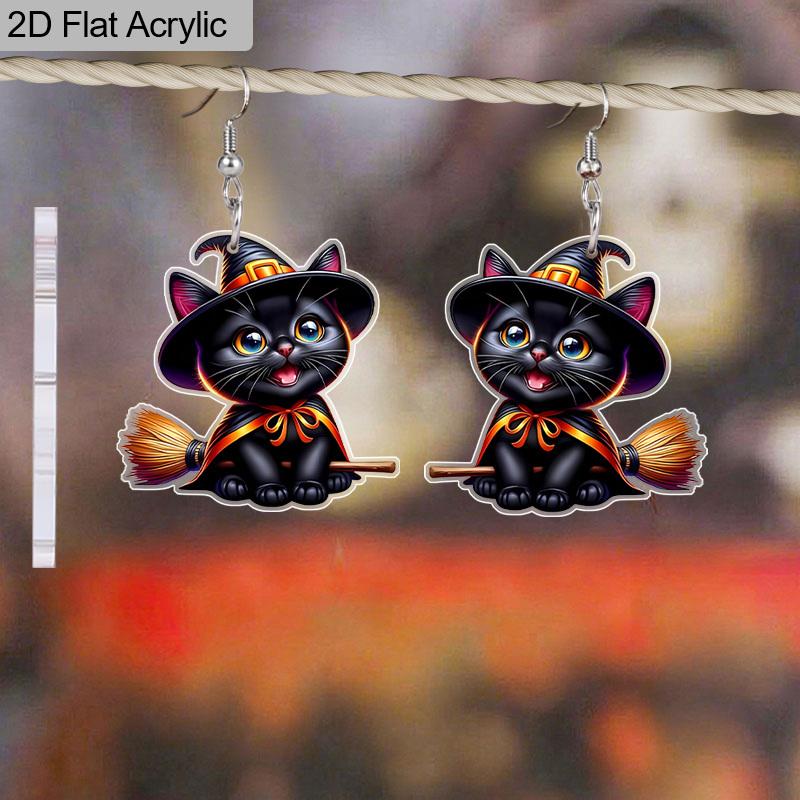 [JIT]2D Flat Acrylic Halloween Witch Broom Black Cat Dangle Earrings Women's Halloween Witch Hat Accessories Charms Jewelry Gifts