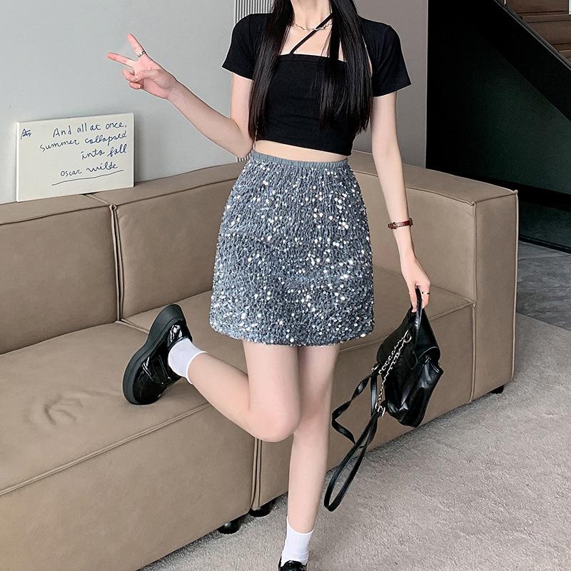 Spicy Girl Sequin Sparkle Slimming A-line Midi Skirt - Summer High Waist Petite Skirt for Women M серебряный