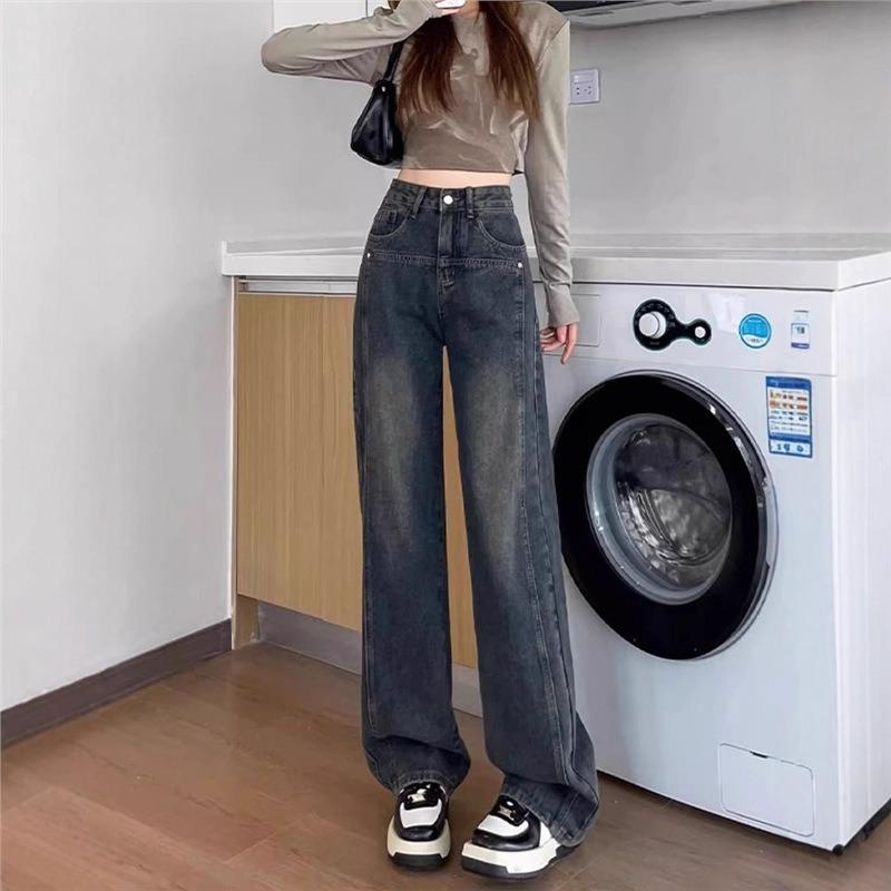 Cement Gray High Waist Narrow Version Wide Leg Jeans Women, Autumn and Winter Velvet Thickened and Thin Straight Pants