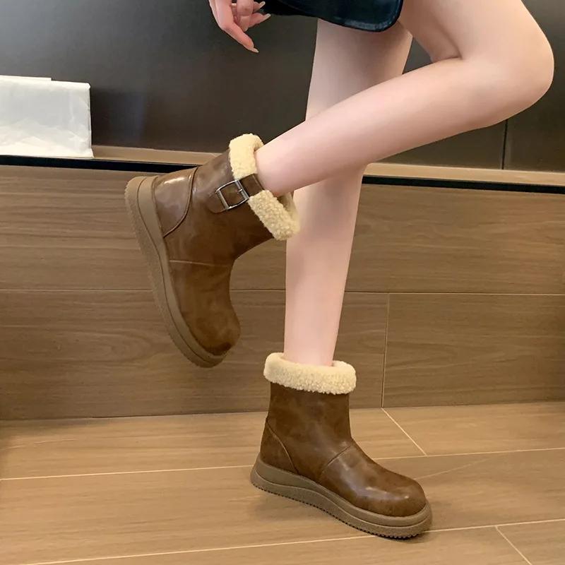 2024 Winter New Snow Boots Women Flat Plus Fleece Warm Short Boots Fashion Casual Women's Shoes