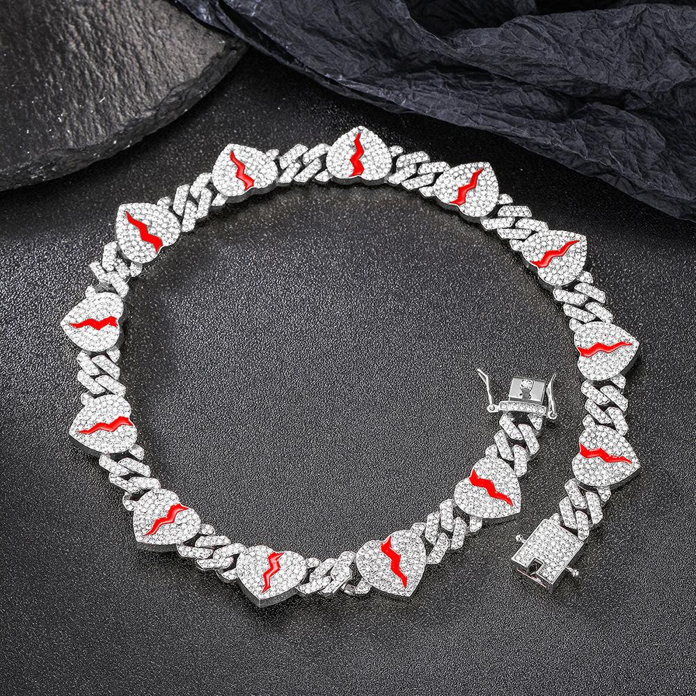 Hip Hop Broken Love Heart Rhombus Cuban Chain Bracelet Men Women 12mm Iced Out Alloy Inlaid Rhinestone Necklaces Fashion Jewelry