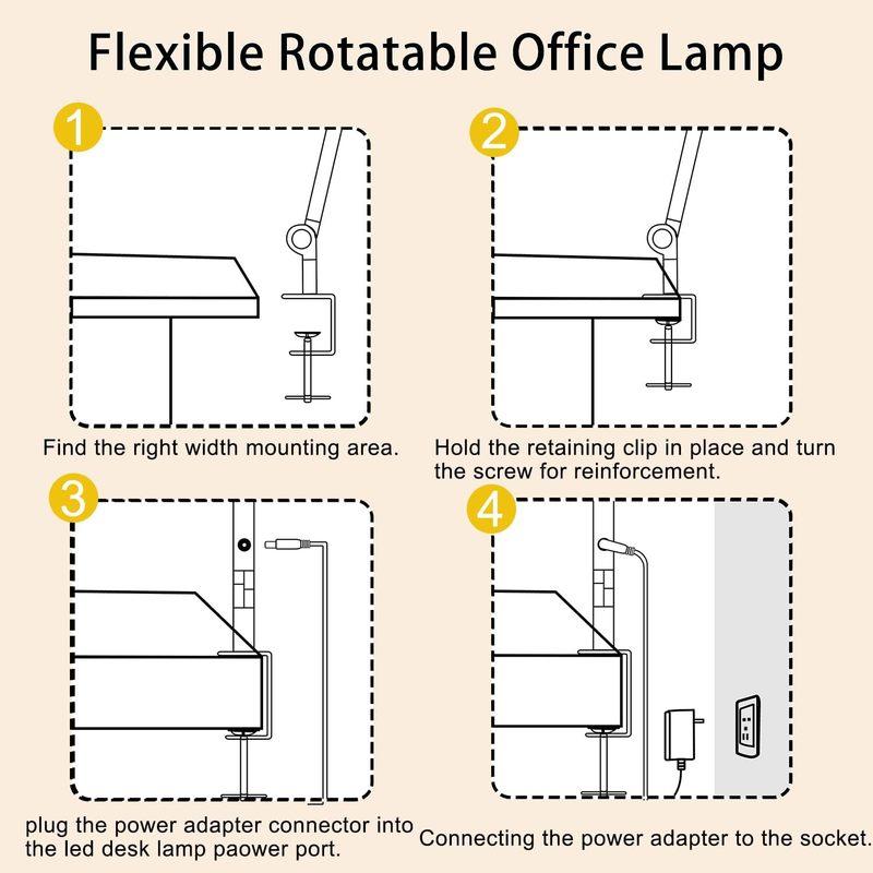 LED Desk Lamp with Clamp Flexible 4 Sections Swing Arm Three Light Sources Desk Light, 4 Color Modes & 5 Brightness