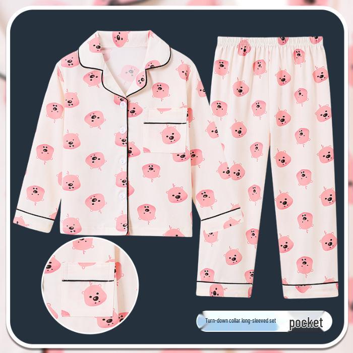 Spring & Autumn Cotton-Feel Girls' Cardigan Pajama Set - Long Sleeve & Pants